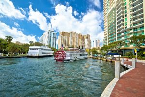 Fort Lauderdale waterfront and tourist cruise boat view